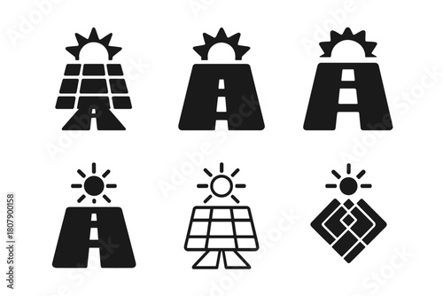 Solar Road Logos. Energy harvesting roads. Icon set. Set Logo of energy harvesting roads: solar roadway panel. harmonious logo variations of the same