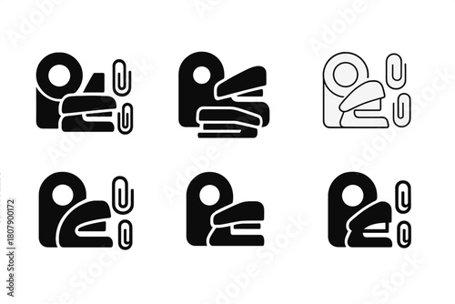 Workspace Icon Variations. Arranging a workspace with office supplies. Icon set. Set Logo of Arranging a workspace with office supplies: tape dispenser,