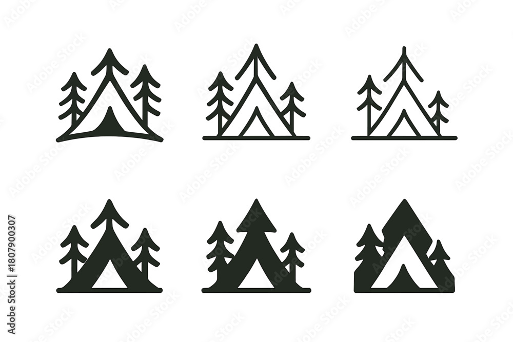 Obraz premium Nature Retreat Logos. Time spent in nature, away from the digital world. Icon set. Set Logo of Nature retreat: Tent. harmonious logo variations of the same