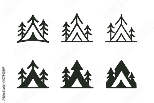 Nature Retreat Logos. Time spent in nature, away from the digital world. Icon set. Set Logo of Nature retreat: Tent. harmonious logo variations of the same