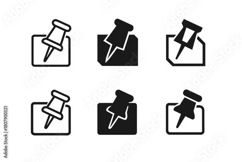 Digital Pin Logo Variations. Pinned post design. Icon set. Set Logo of digital pin: pushpin over post card. harmonious logo variations of the same emblematic