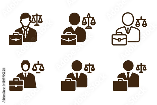 Legal Emblem Icons. Courtroom settings and legal proceedings. Icon set. Set Logo of justice: lawyer and briefcase. harmonious logo variations of the same
