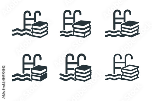 Poolside Reading Icons. Reading by the poolside. Icon set. Set Logo of reading by the poolside: sunglasses placed on book. harmonious logo variations of the