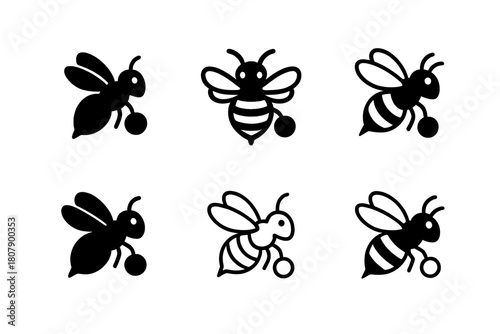 Bee Icon Variations. Bees and pollination. Icon set. Set Logo of Bees and pollination: bee carrying pollen. harmonious logo variations of the same emblematic