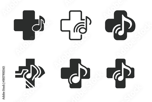 Therapeutic Music Icons. Music as a therapeutic tool. Icon set. Set Logo of Music as a therapeutic tool: headphones with heart symbol. harmonious