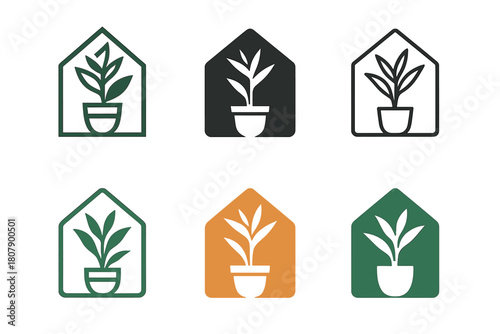 Tropical Plant Icons. Creating a Tropical Vibe with Houseplants. Icon set. Set Logo of Tropical Home: Colorful Flower Pots. harmonious logo variations of the