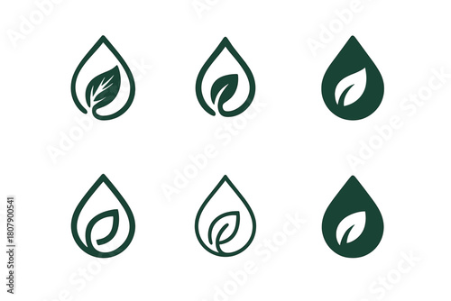 Eco Wash Icons. Laundry and clothing hygiene. Icon set. Set Logo of eco wash: water droplet with leaf inside. harmonious logo variations of the same emblematic
