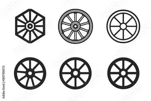 Traditional Farm Icons. Family farm life and traditional agricultural practices. Icon set. Set Logo of traditional craftsmanship: wooden cart wheel. harmonious