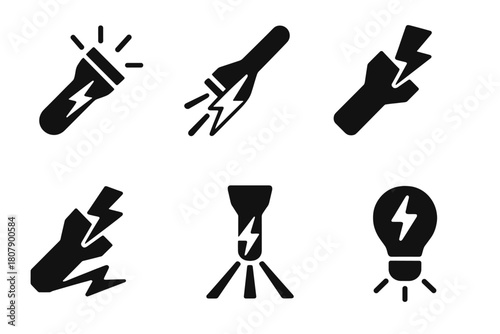 Flashlight Logo Variations. How a flashlight works. Icon set. Set Logo of flashlight structure: handheld torch. harmonious logo variations of the