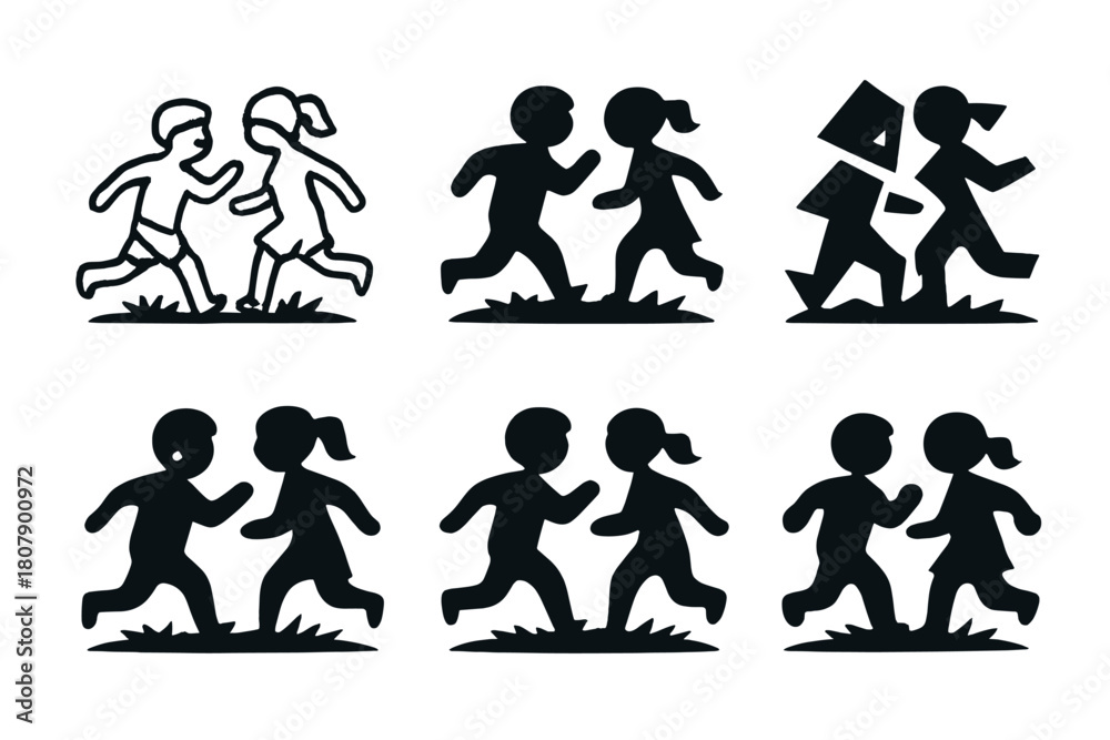 Fototapeta premium Children Yard Logos. Chasing kids in the yard. Icon set. Set Logo of Chasing kids in the yard: children running across grass. harmonious logo variations of the