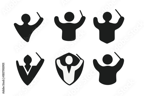 Orchestra Logo Variations. Theater festivals and events. Icon set. Set Logo of live orchestra: conductor with baton. harmonious logo variations of the same