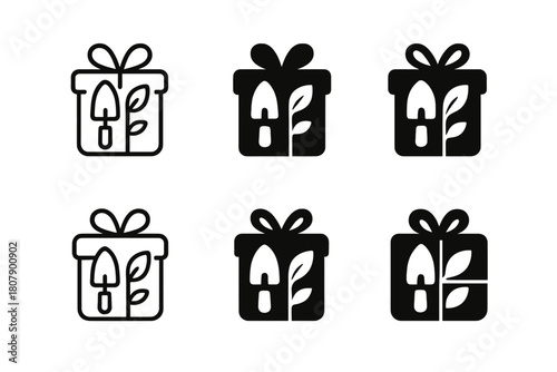 Hobby Gift Logos. Hobby-related gifts. Icon set. Set Logo of Hobby-related gifts: gardening trowel and sprout wrapped as present. harmonious logo variations of
