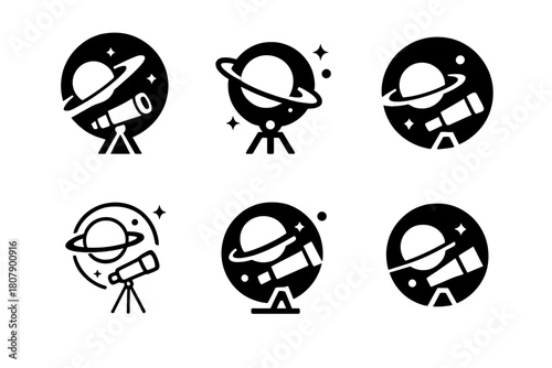 Space Exploration Logos. Human Exploration of the Outer Solar System with Advanced Spacecraft. Icon set. Set Logo of Space Exploration: Interplanetary Travel.
