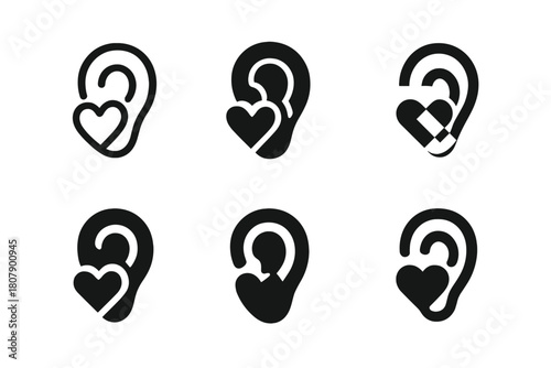 Compassionate Listening Icons. Compassionate Listening. Icon set. Set Logo of Compassionate Listening: Ear with Heart. harmonious logo variations of the same