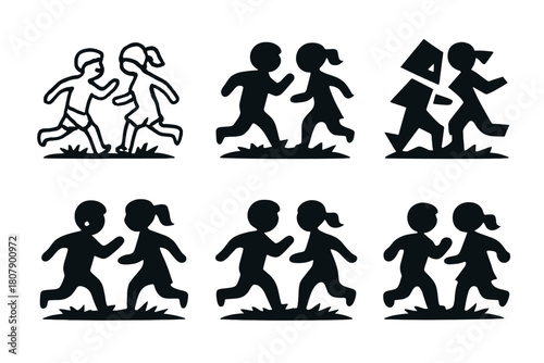 Children Yard Logos. Chasing kids in the yard. Icon set. Set Logo of Chasing kids in the yard: children running across grass. harmonious logo variations of the