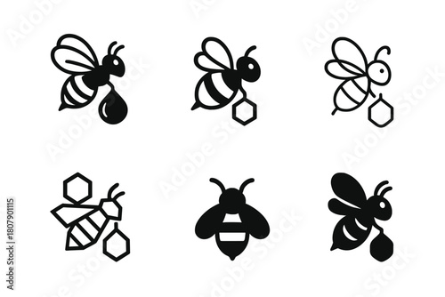 Bee Pollination Logo Set. The role of bees in pollination. Icon set. Set Logo of pollination: bee carrying nectar. harmonious logo variations of the same