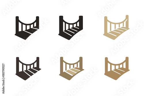 Wooden Bridge Logos. Wooden bridge slat. Icon set. Set Logo of Wooden bridge slat: planked bridge merging into nature leaf. harmonious logo variations of the