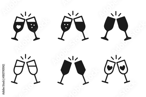 Romantic Logo Variations. Anniversaries and milestone moments in relationships. Icon set. Set Logo of romantic moment: champagne glasses clinking. harmonious