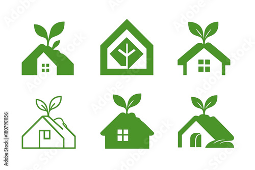 Green Architecture Icons. Green architecture. Icon set. Set Logo of Green architecture: Green roof. harmonious logo variations of the same emblematic concept
