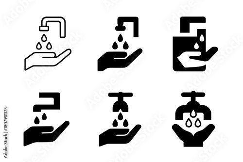 Public Restroom Icons. Public restroom hygiene. Icon set. Set Logo of Public restroom hygiene: hand washing under faucet. harmonious logo variations of the