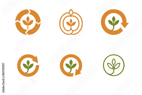 Autumn Harvest Logos. Autumn harvests and organic food production. Icon set. Set Logo of Autumn harvests and organic food production: pumpkin with leaf and