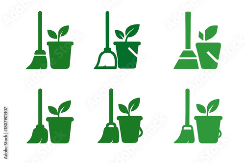 Non-toxic Cleaning Icons. Non-toxic household cleaning solutions. Icon set. Set Logo of Non-toxic household cleaning solutions: green mop and bucket.