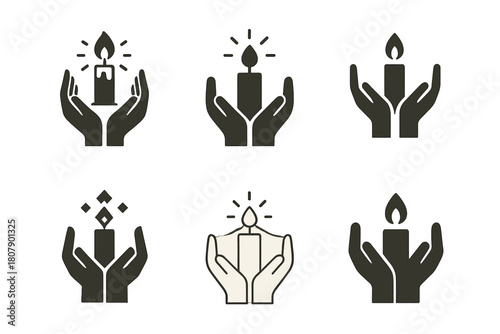 Candle Magic Logos. Candle magic. Icon set. Set Logo of manifestation: candle surrounded by moon phases. harmonious logo variations of the same emblematic