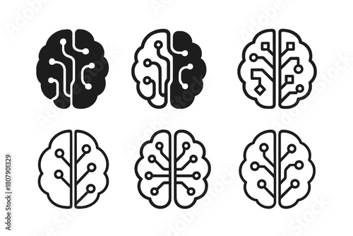 Innovative Tech Logos. Learning new technologies. Icon set. Set Logo of Learning new technologies: AI brain circuit. harmonious logo variations of the same
