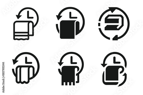 Towel Rotation Logos. Changing towels. Icon set. Set Logo of rotation schedule: clock with towel icon. harmonious logo variations of the same emblematic