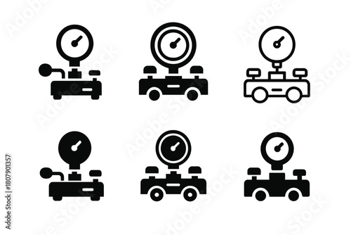 Machine Calibration Logos. Machine calibration tools. Icon set. Set Logo of Machine calibration tools: pressure gauge deadweight tester. harmonious logo