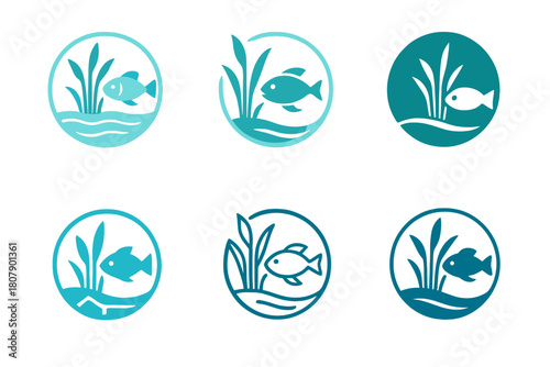 Aquatic Balance Icons. Freshwater lakes with crystal-clear water. Icon set. Set Logo of aquatic balance: fish swimming around reeds. harmonious logo variations