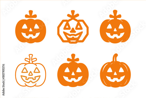 Pumpkin Carving Logos. Carving pumpkins. Icon set. Set Logo of Carving pumpkins: Pumpkin seeds. harmonious logo variations of the same emblematic concept (Flat
