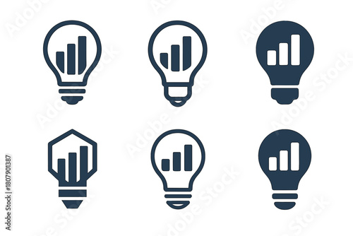 Data Insight Icons. Data-driven decisions. Icon set. Set Logo of strategic insight: light bulb with bar chart inside. harmonious logo variations of the same