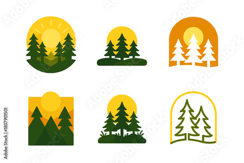 Golden Hour Logos. Photography of landscapes during golden hour. Icon set. Set Logo of Photography of landscapes during golden hour: camera with sun rays.