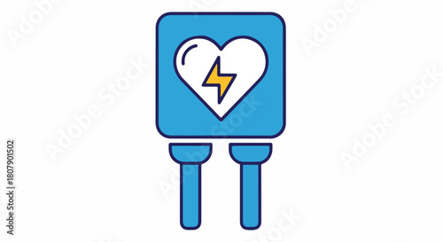 Vector illustration of a blue hospital icon with a heart and lightning bolt, featuring medical tools and symbols. Perfect for healthcare, medical presentations, and hospital brochures.