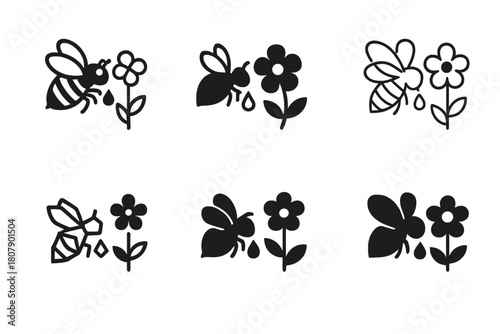 Bee Pollination Logo Set. The role of bees in pollination. Icon set. Set Logo of pollination: bee carrying nectar. harmonious logo variations of the same