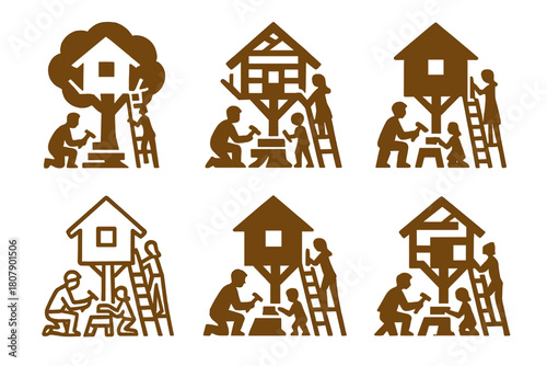 Backyard Playground Logos. A Family Building a Treehouse or Playhouse in the Backyard. Icon set. Set Logo of Backyard Play: Wooden Planks. harmonious logo