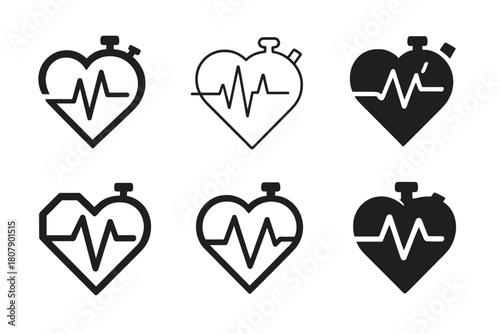 Endurance Icon Set. A personal trainer demonstrating a workout move for a client. Icon set. Set Logo of endurance: heartbeat and stopwatch combo. harmonious