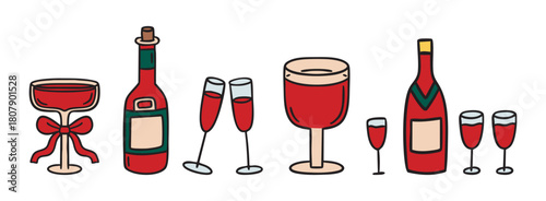 Wine and champagne bottles with festive glasses clipart set, holiday party collection, hand drawn.