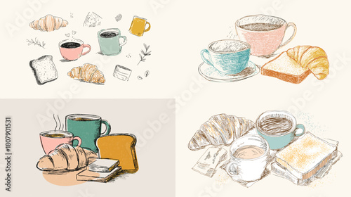 Warm breakfast illustration with coffee cups, croissants, toast, and soft pastel details. Hand drawn food artwork perfect for café themes, bakery visuals, and morning lifestyle designs.