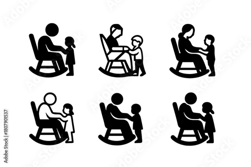 Family Connection Logos. Kids with their grandparents and elderly family members. Icon set. Set Logo of family connection: grandparent holding child?s hand.