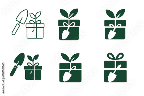 Hobby Gift Logos. Hobby-related gifts. Icon set. Set Logo of Hobby-related gifts: gardening trowel and sprout wrapped as present. harmonious logo variations of