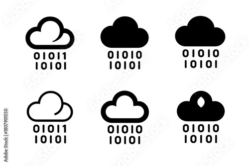 Cloud Solution Icons. Digital transformation in business. Icon set. Set Logo of cloud solutions: cloud with binary rain. harmonious logo variations of the same