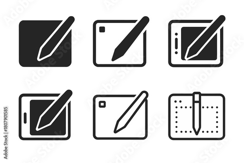 Digital Services Icons. Digital content creation services. Icon set. Set Logo of Digital content creation services: graphic tablet with stylus. harmonious logo