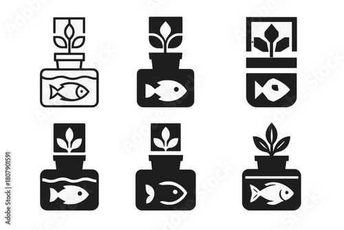 Urban Aquaponics Logos. Growing food with aquaponics in a small urban apartment. Icon set. Set Logo of growing food with aquaponics in a small urban apartment: