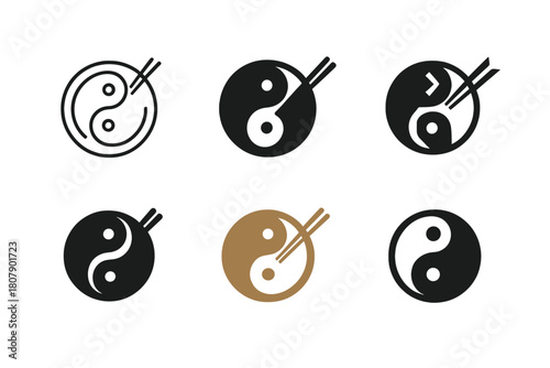 Cuisine Fusion Logos. Cuisine fusions. Icon set. Set Logo of cuisine fusions: yin-yang plate. harmonious logo variations of the same emblematic concept, each
