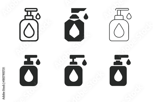 Hygiene Icon Set. Hygiene Essentials. Solid icon set of Hygiene Essentials: toothbrush, toothpaste, soap dispenser, shampoo bottle, conditioner bottle, towel,