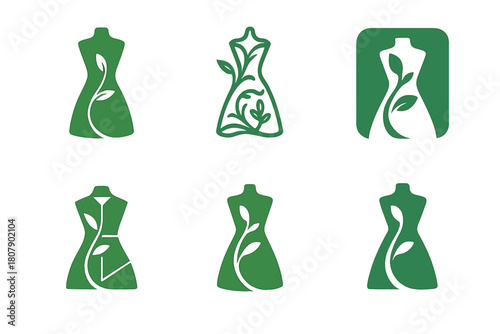 Eco Couture Icons. Eco-conscious fashion shows and events. Icon set. Set Logo of eco couture: dress silhouette with vine pattern. harmonious logo variations of