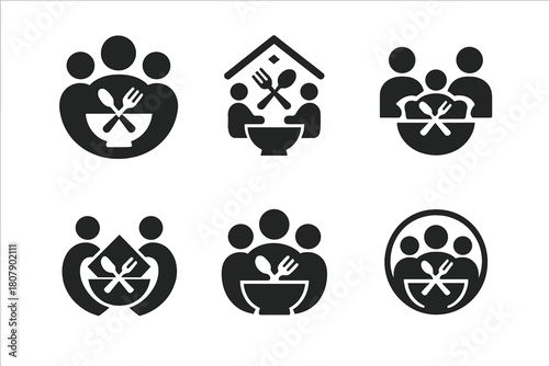 Family Meal Icons. Sharing a family meal. Icon set. Set Logo of sharing a family meal: plate with heart-shaped food. harmonious logo variations of the same