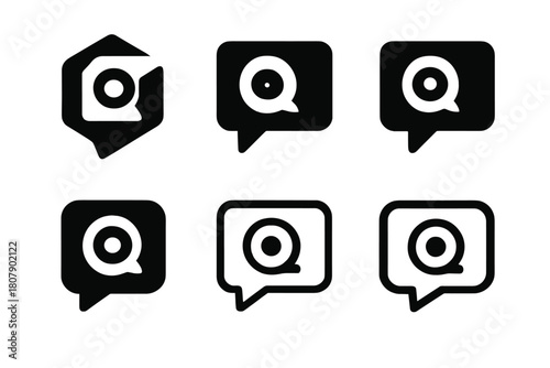 Interactive Session Logos. Online Workshops. Icon set. Set Logo of interactive session: webcam and chat bubble. harmonious logo variations of the